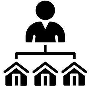 Pictogramme représentant un organigramme avec un personnage et plusieurs bâtiments